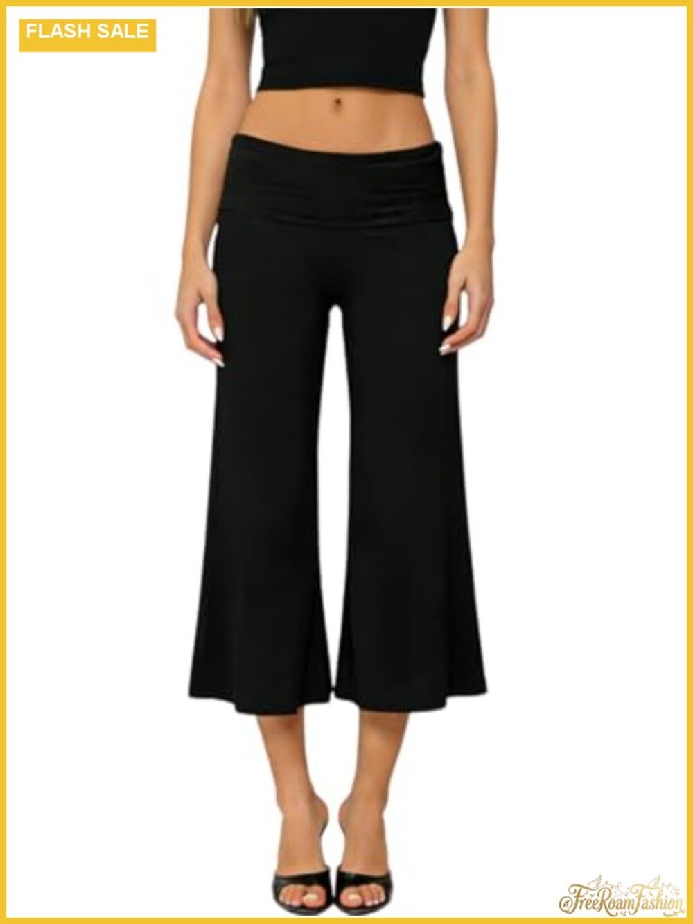 Fold Over Flare Capri Yoga Pants Low Rise Wide Leg Gaucho Lounge Pants